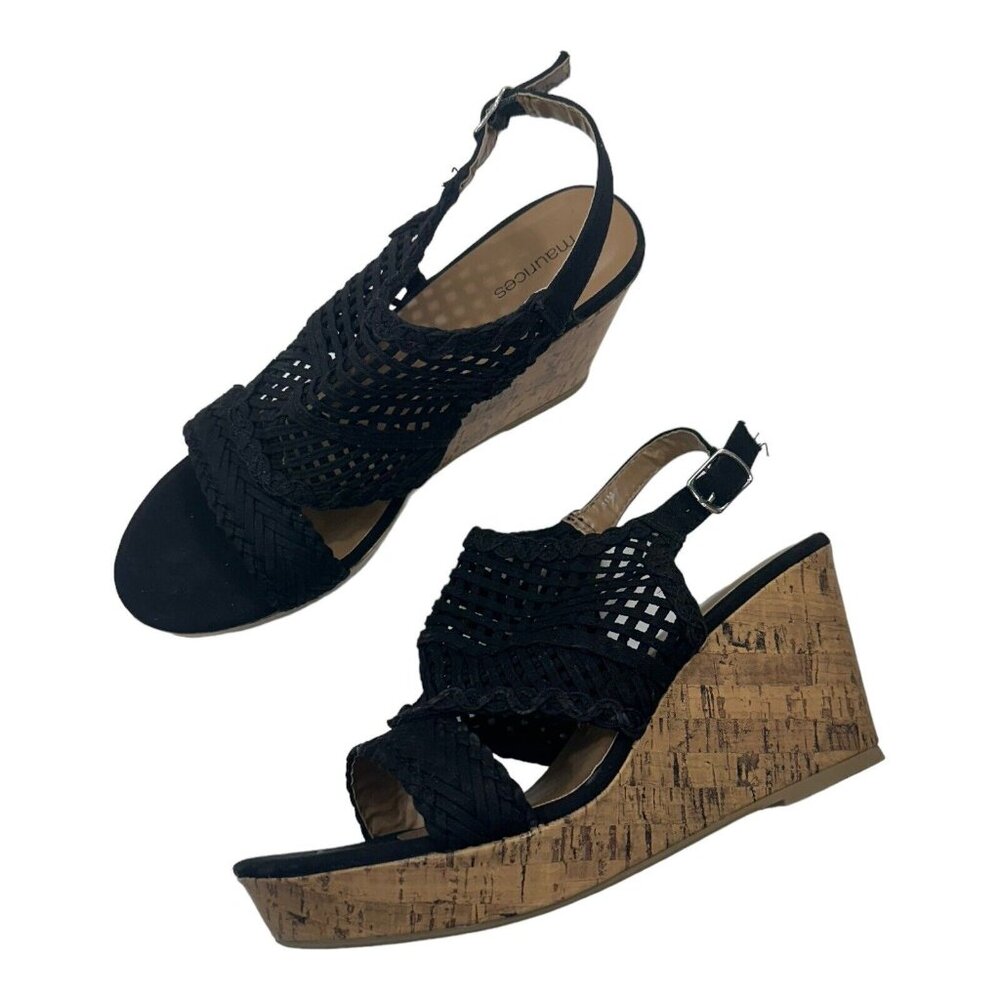 Maurices Harmony Women SZ 11 Black Fabric Strappy Platform Wedge Heels Casual - Picture 3 of 12